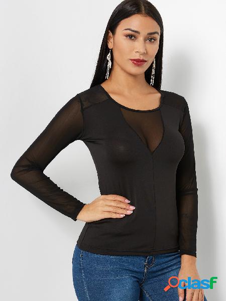 Black Mesh Design V-neck Long Sleeves T-shirt