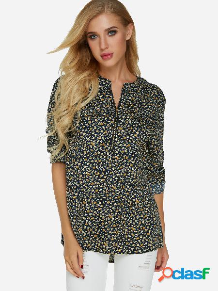 Black Random Floral Print Zip Design V-neck Adjustable