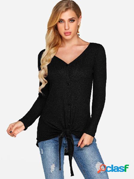 Black Self-tie Design Plain V-neck Long Sleeves T-shirts