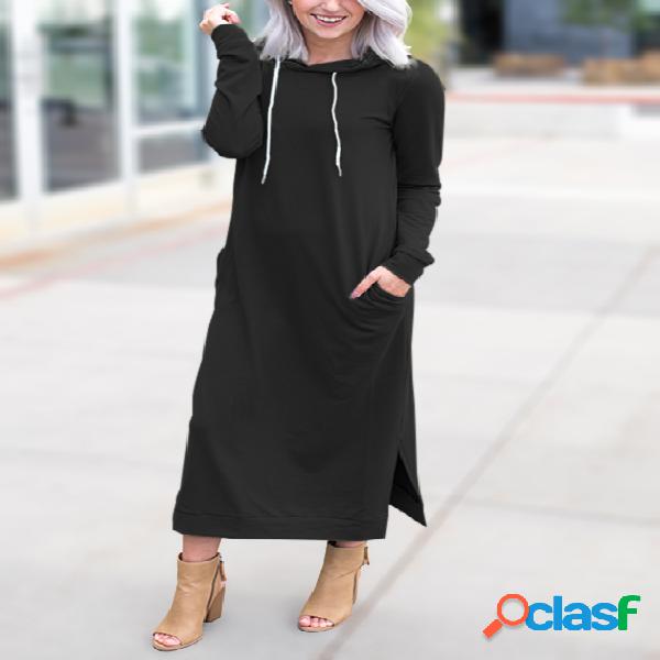 Black Slit Design Side Pockets Hooded Maxi Dress