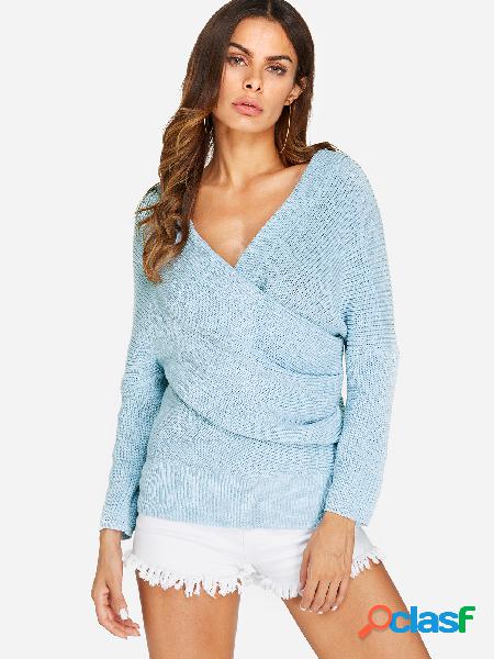 Blue Crossed Front Design Off The Shoulder Long Sleeves