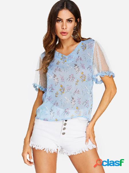 Blue See Through Design Floral Print V-neck Blouses