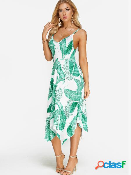 Green Random Floral Print V-neck Sleeveless Irregular Hem