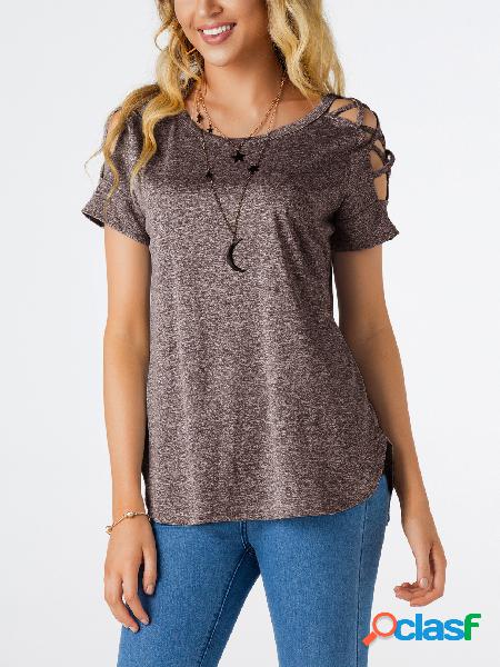 Light Coffee Hollow Design at Shoulder Round Neck T-shirt