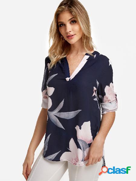 Navy Random Floral Print V-neck Long Sleeves Casual Blouse