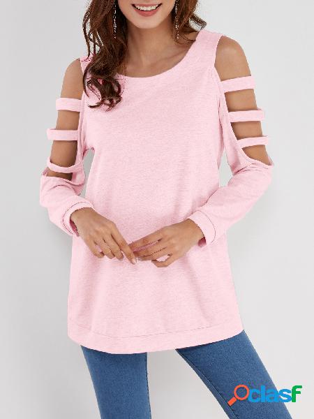Pink Solid Color Cold Shoulder Long Sleeves T-shirt