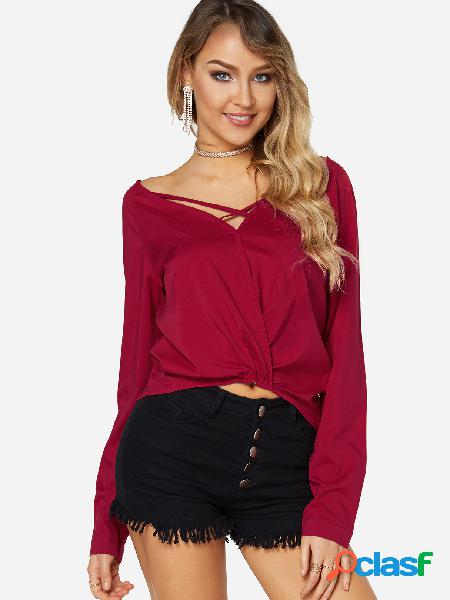 Red Pleated Design V-neck Irregular Hem Top