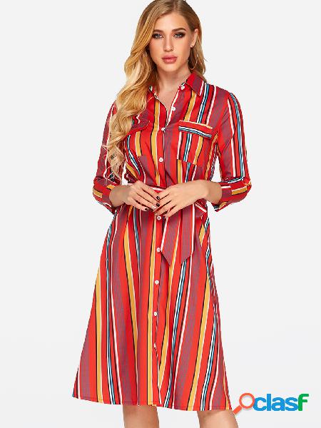 Red Printed Classic Collar 3/4 Length Sleeves Dress with