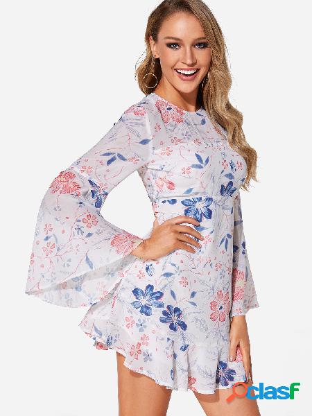 White Backless Design Random Floral Print Bell Sleeves Mini