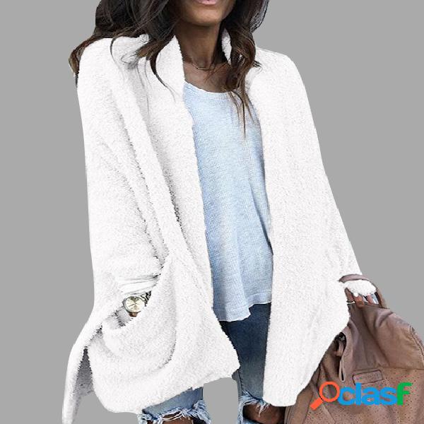 White Collarless Open Front Long Sleeves Two Large Pockets