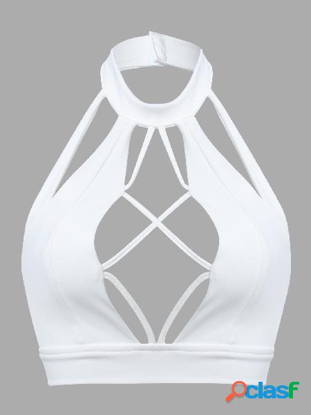 White Halter Sleeveless Cut Out Design Backless Crop Top