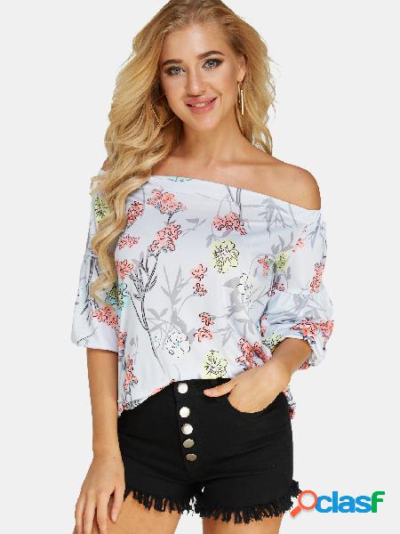 White Random Floral Print Off The Shoulder T-shirt