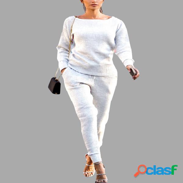 White Round Neck Long Sleeves Elastic Drawstring Wasit