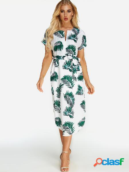 White Self-tie Random Floral Print V-neck Short Sleeves