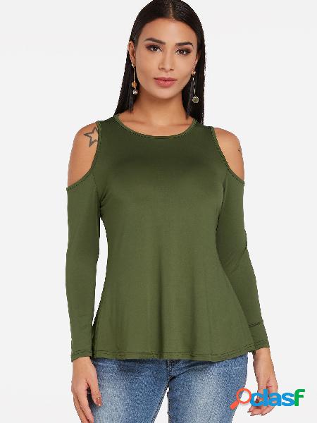 Army Green Cold Shoulder Long Sleeves T-shirt