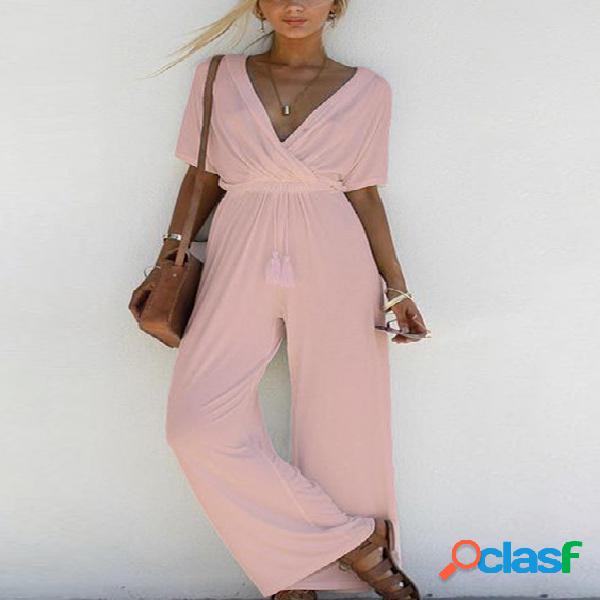 Baby Pink V-neck Tassel Detailed Jumpsuit