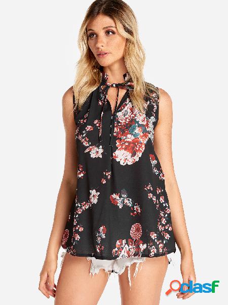 Black Self-tie Design Random Floral Print V-neck Top
