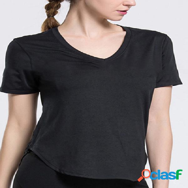 Black V-neck Hollow-out Design T-shirt