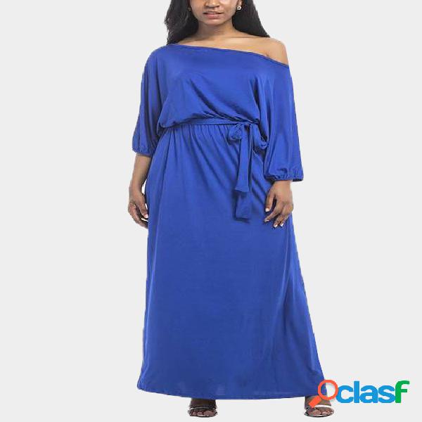 Blue Off Shoulder Round Neck Maxi Dress with Sash-tie