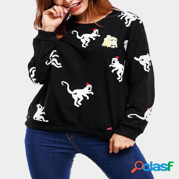 Cat Pattern Long Sleeves Round Neck Sweatshirt
