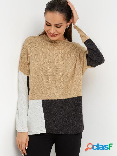 Color Block Khaki & Black Plain Crew Neck Long Sleeves Loose