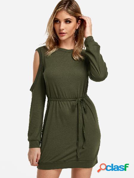 Green Cold Shoulder Long Sleeves Drawstring Waist Dress