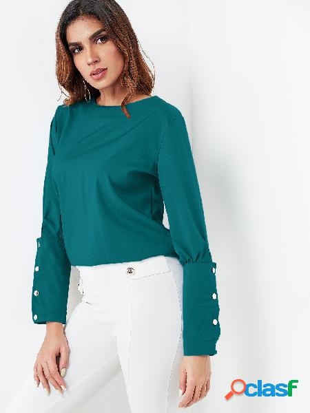 Green Crew Neck Long Sleeves Button Design Blouse