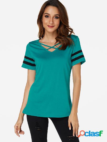 Green Crossed Front Design V-neck Short Stripe Sleeves