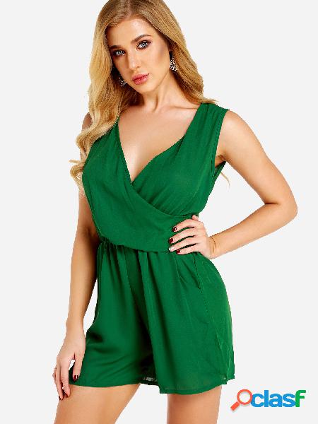 Green Crossed Front Design V-neck Stretch Waistband Playsuit