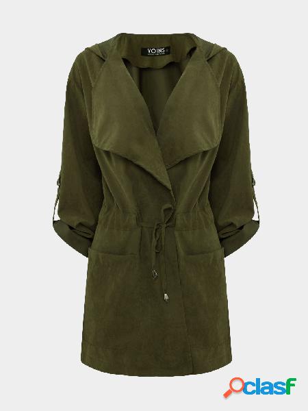 Green Hooded Design Lapel Collar Long Sleeves Drawstring
