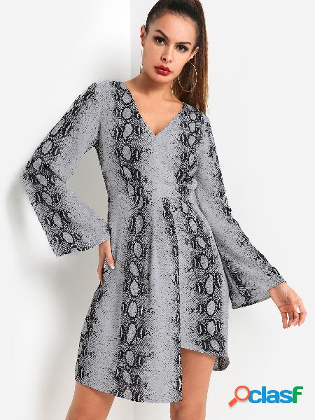 Grey Crossed Front Design Snake V-neck Bell Sleeves Dress