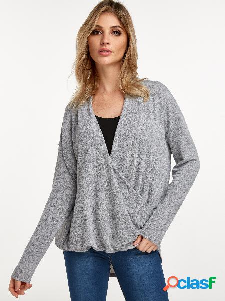 Grey Crossed Front V-neck Long Sleeves T-shirt