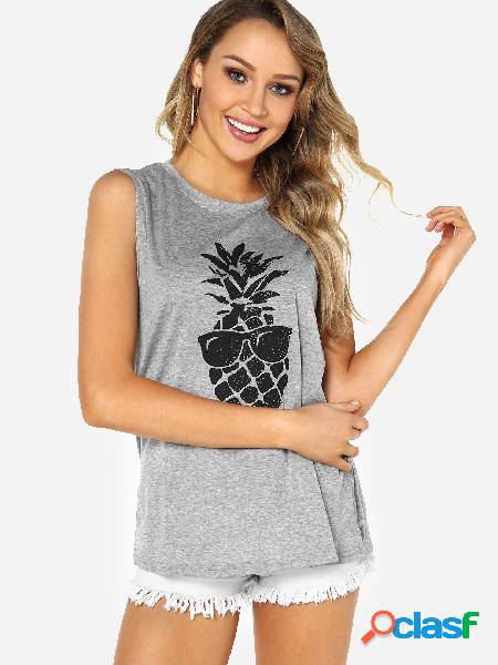 Grey Round Neck Cami Top With Pineapple Pattern