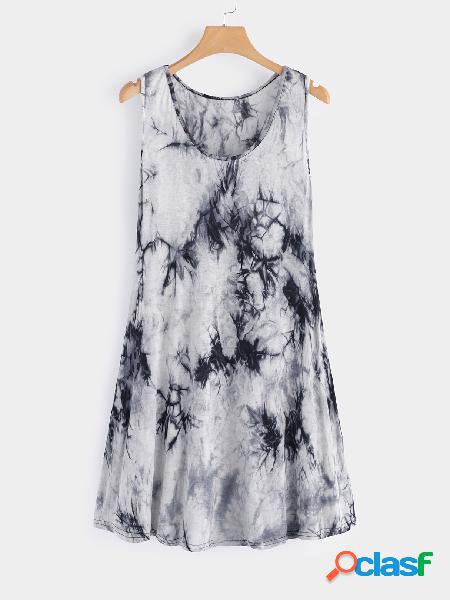 Grey Side Pockets Tie Dyed Round Neck Sleeveless Mini Dress