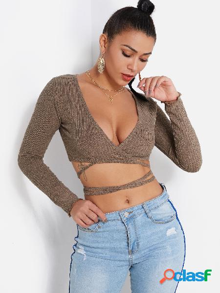 Khaki V-neck Wrap Around Tie-up Knit Crop Top