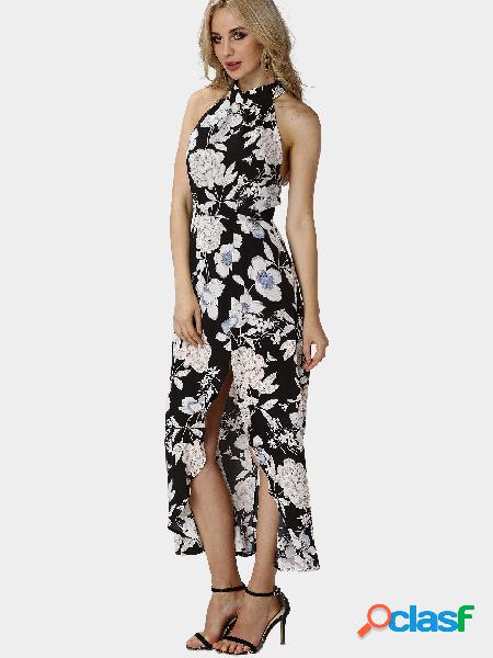 Random Floral Print Sleeveless Elastic Waist Slit Hem Maxi