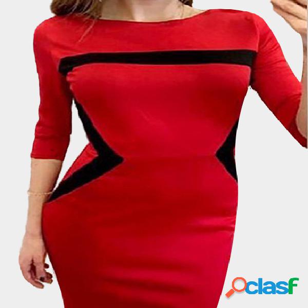 Red Round Neck Contrast Bodycon Dress with Zipper Back
