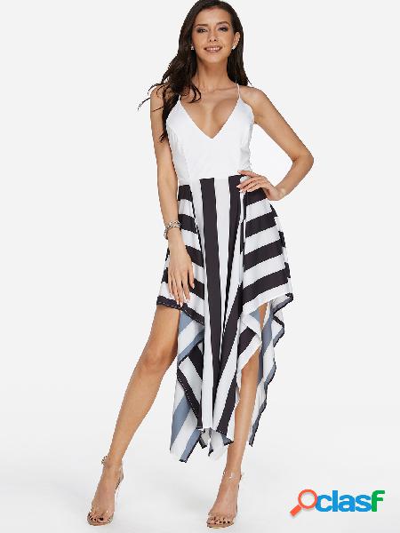 Stripe Pattern Criss Cross Back V-neck Backless Dress in