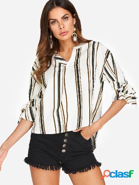 Stripe Pattern V-neck Tie-up at Cuffs High-Low Hem Tee