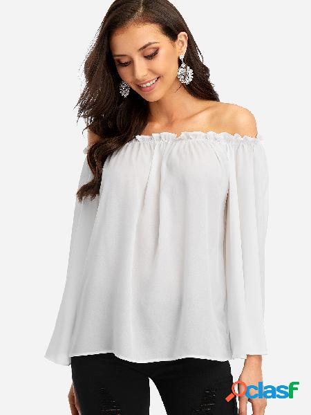 White Off Shoulder Chiffon Top with Long Sleeves