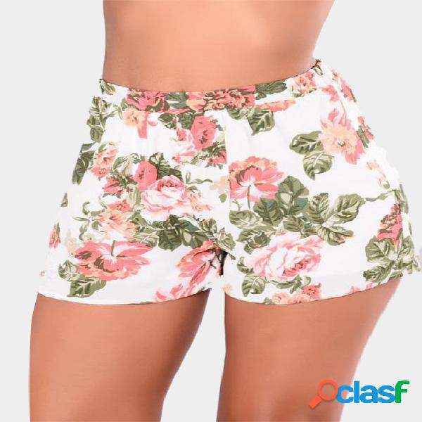 White Random Floral Print Stretch Waistband Shorts