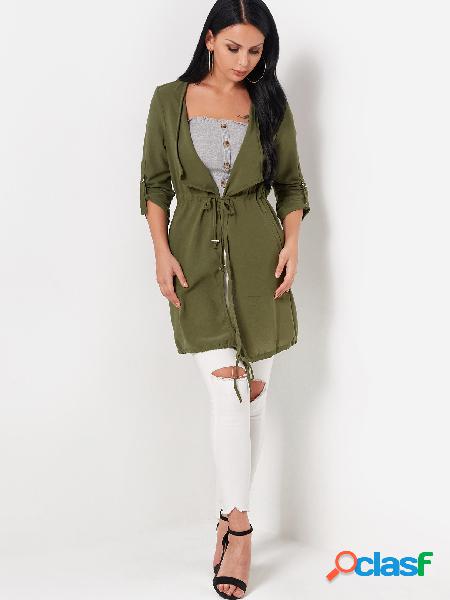 Army Green Chiffon Trench Coat With Drawstring Waist