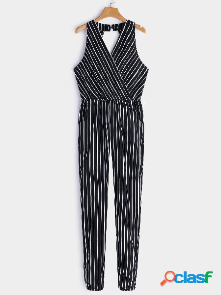 Black Backless Design Stripe V Neck Sleeveless Wrap Jumpsuit