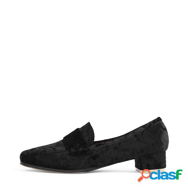 Black Chunky Heel Slip-on Velvet Flats