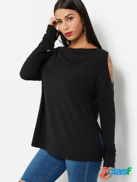 Black Cut Out Bateau Long Sleeves Slit Hem T-shirt