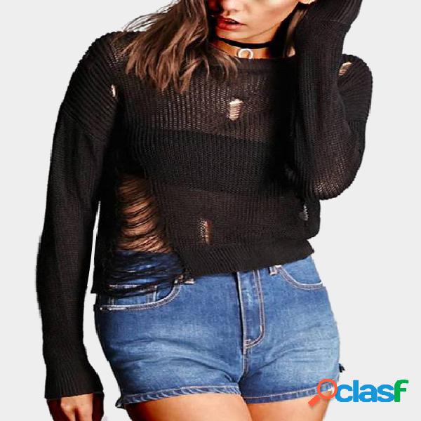 Black Ripped Details Long Sleeves Sweater