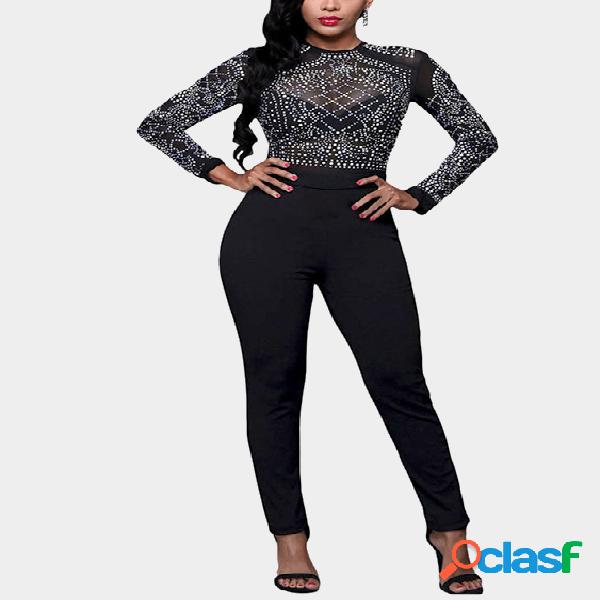 Black Sheer-through Hot Fix Long Sleeves Bodycon Jumpsuit