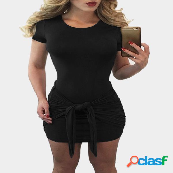 Black Short Sleeves Bodycon Dress with Self-tie