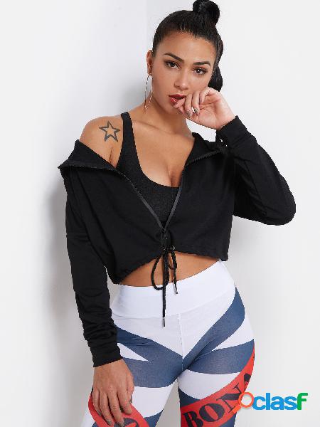 Black Zipper Up Drawstring Hem Hoodie