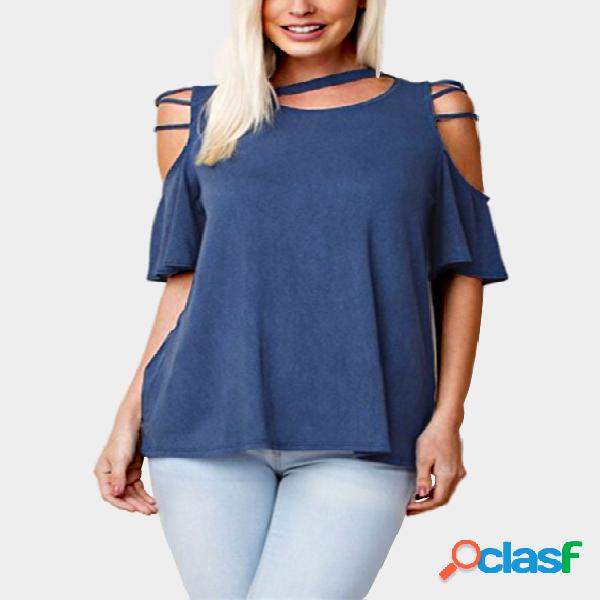 Blue Cold Shoulder Round Neck Strappy Top
